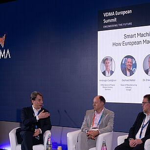 Panel AI with Ambrogio Castiglioni, Gerhard Keller, Dr. Erwin Schuster, Dr. Sebastian Werner und Jacki Davis as Host at the VDMA European Summit 2026 in Rome